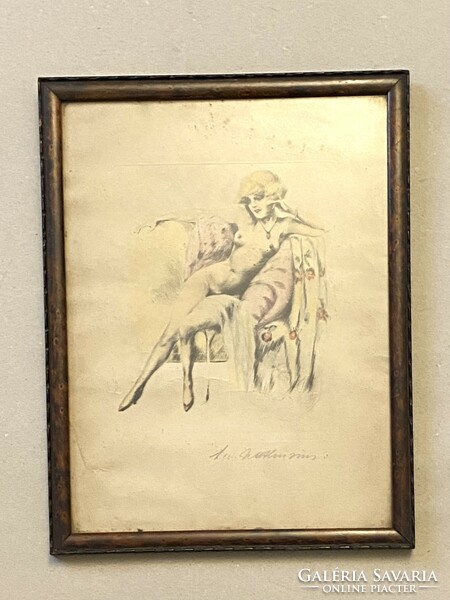 Art deco lush naked girl marked antique colored etching female nude in frame