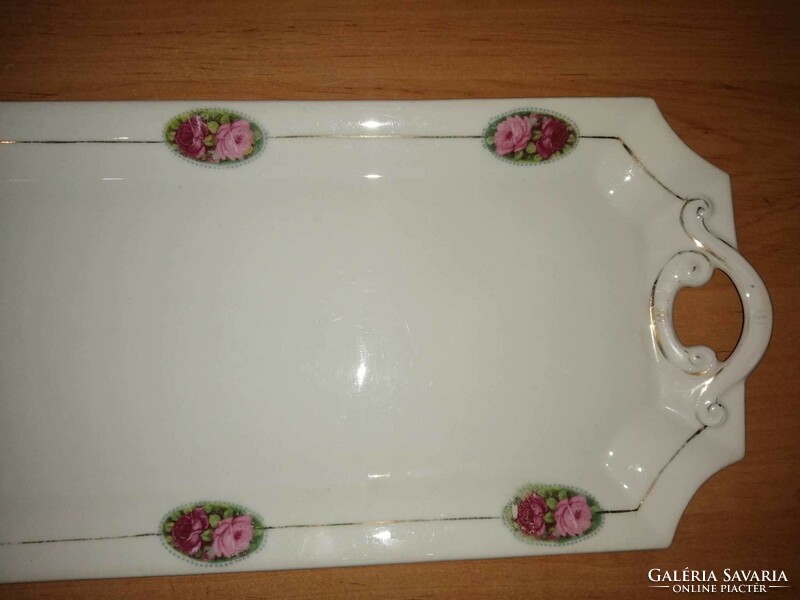 Antik Cseh porcelán rózsás füles szendvics tálca,  kínáló, asztalközép - 16*41 cm (ap)