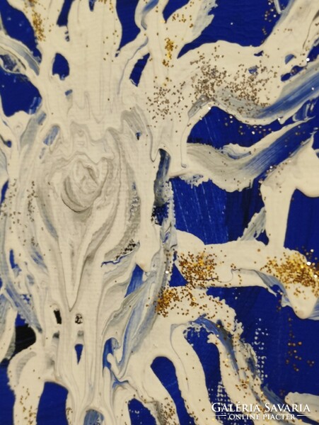 "Téli napforduló" olaj vászon modern kék tónusú arany csillámos nonfiguratív absztrakt festmény