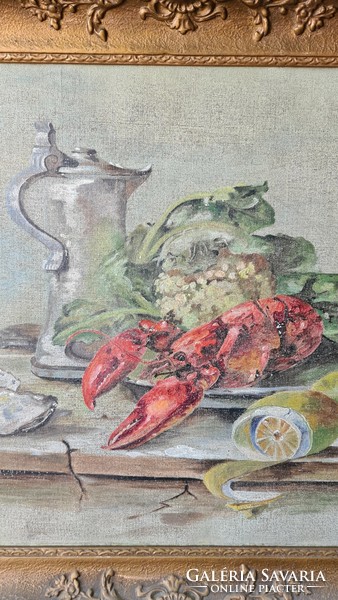 Still life painting, crab, jug, food