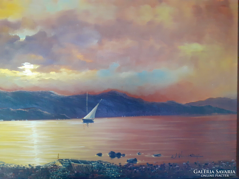 Nagyméretű festmény, Hajók a naplementében. W.Vennekamp