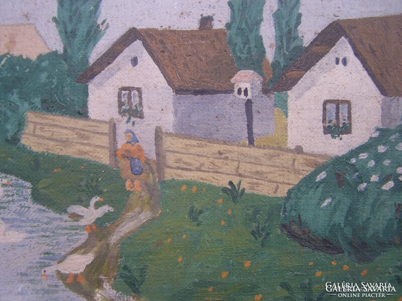 Hungarian naive painter xx. First half of the century: on the bank of a stream. Oil on canvas 40 x 25 cm