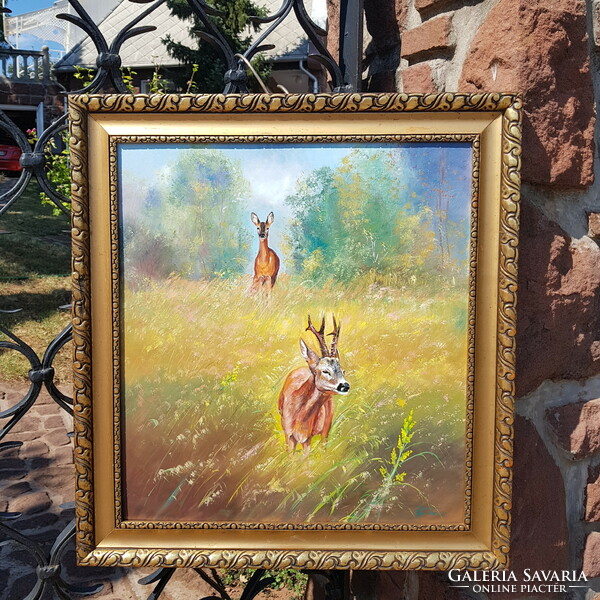 Deer in the forest clearing. Oil, wood 49.5 x 54 cm, painting, landscape, cute picture frame. Tpapp