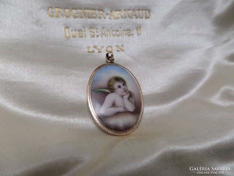 Antique gold angelic enamel pendant