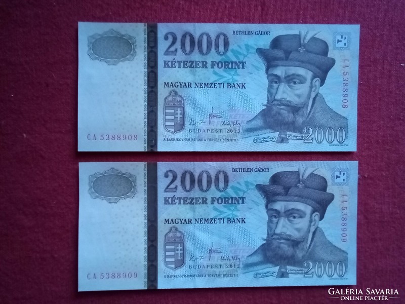 UNC 2000 Ft papír pénz   pár egymást követő sorszámmal hajtatlan gyönyörű állapotú bankjegy 2013