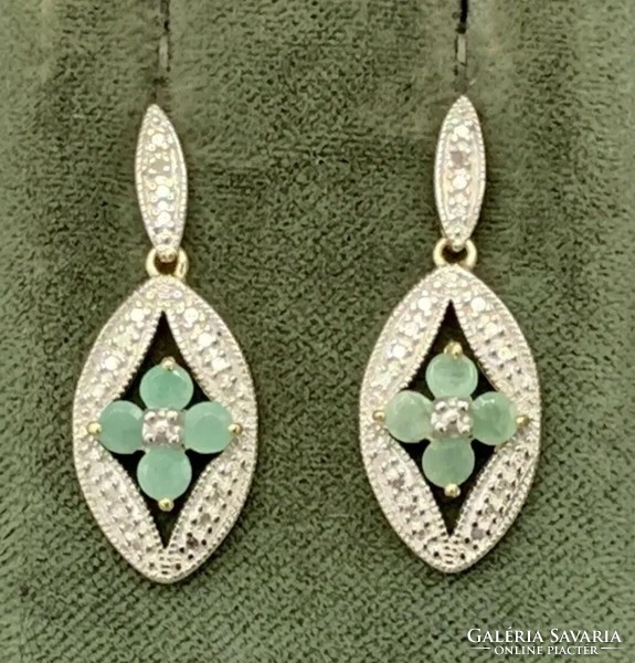 Valódi, természetes smaragd drágaköves  sterling ezüst füli 925, 14K aranyozva  - új