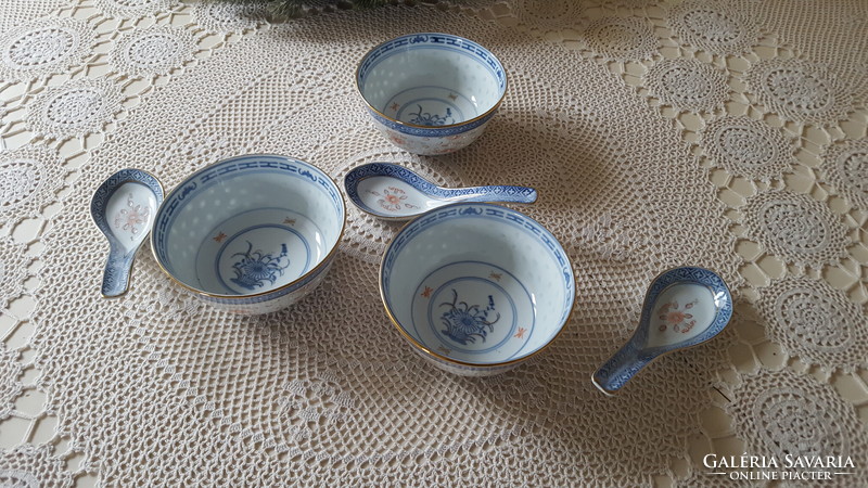 Traditional Chinese rice grain porcelain set 3 sets