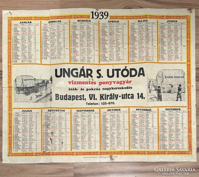 Ungár s. Successor waterproof tarpaulin factory wall calendar 1939