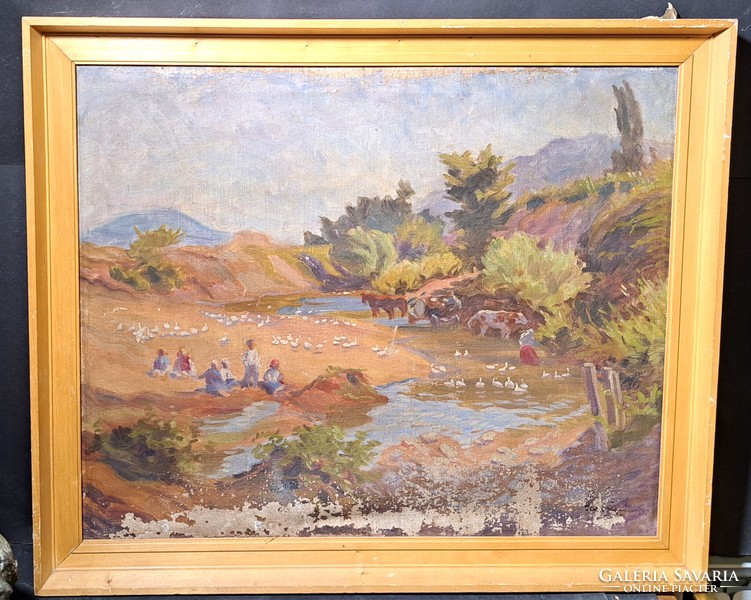 Peasant life picture, old signed oil on canvas, to be restored - geese, cows, horses
