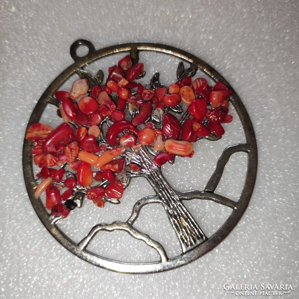 Large coral stone metal tree of life pendant