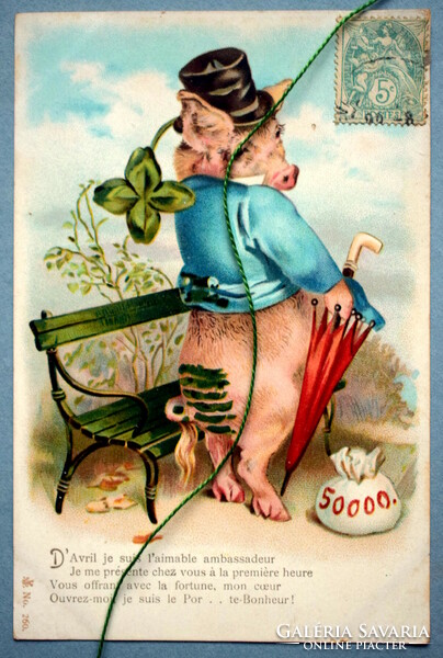 Antique greeting card - Mr. Pig / Pig and the case of the freshly painted bench, 4-leaf clover, bag of money