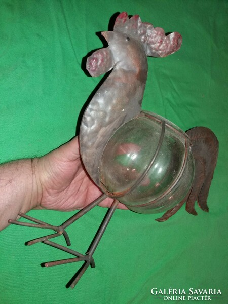 Antik art deco Iparművész gerezdes üveg váza rézkakas figurális tartóban 42x28cm a képek szerint