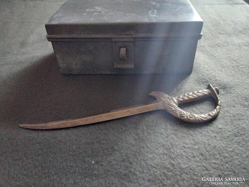 Old small strap military tin box and bronze paper cutting sword for sale together