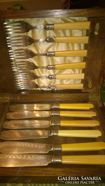 Action ! Antique English silver and metal fish cutlery set in a velvet-silk lined wooden box