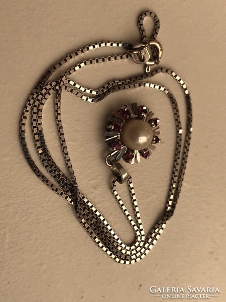14K white gold pendant, real rubies and pearls