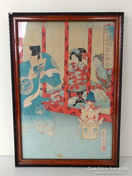 Antique Japanese woodcut geisha dance life portrait motif in frame 717 8327