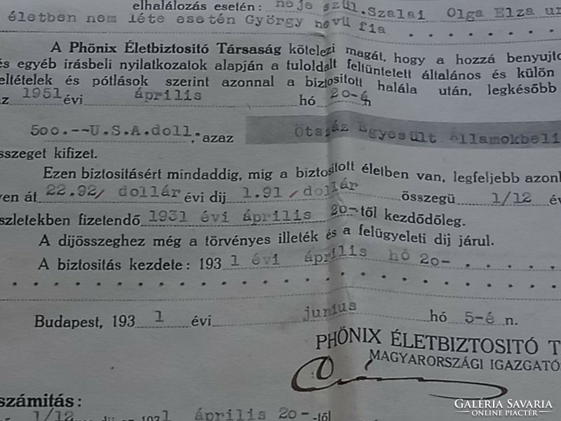 Phőnix életbiztosítási kötvény 1931. május - 1944. Junius/Budapest, papir régiség