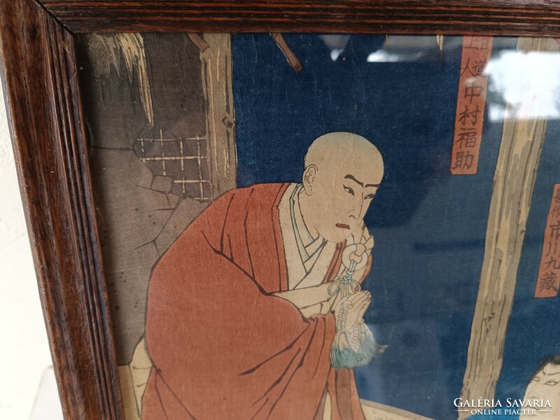 Antik Japán fametszet szamuráj motívum keretben 716 8326