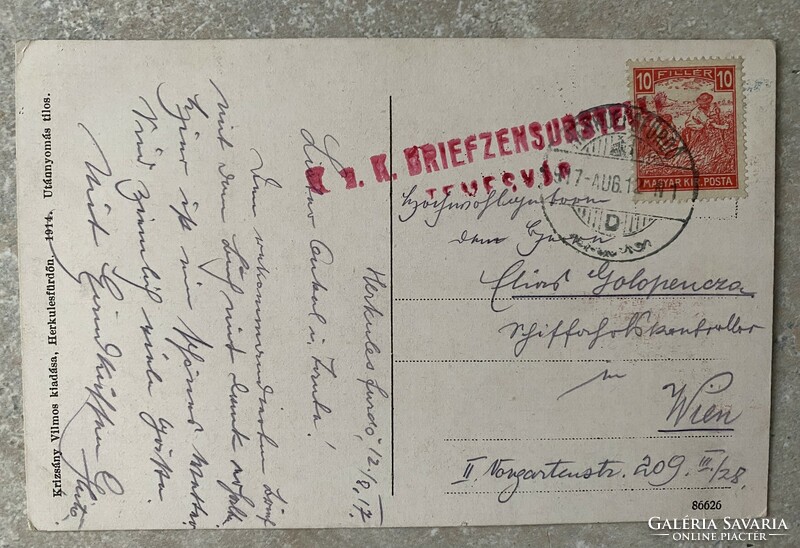 Herkulesfürdői levelezőlap temesvári tábori postai bélyegzéssel 1917