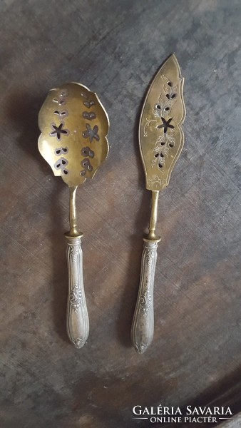 Antique small silver-handled openwork, chiseled serving spoon, serving spoon and knife