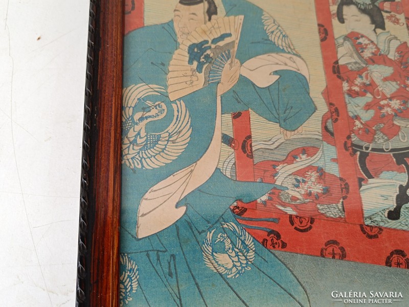 Antik Japán fametszet gésa tánc életkép motívum keretben 717 8327