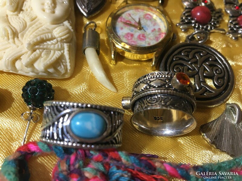 Ékszer csomag 925 ezüst gránát mézopál nepáli kézműves gyöngy zöld óra gyűrű karkötő nyaklánc medál