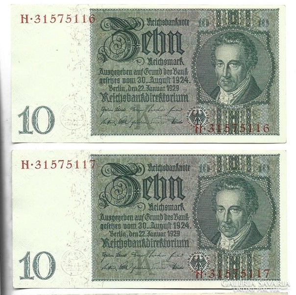 2 X 10 reichsmark 1929 Germany watermark a.Truer unc tracking number