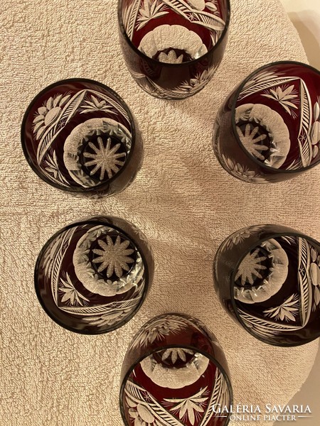 Set of 6 hand carved burgundy lead crystal wine glasses