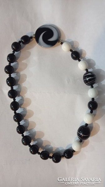 Black and white string of pearls, Murano style glass pearl necklace with a large glass pendant
