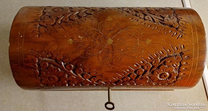Antique carved copper inlaid wooden box lockable with key, jewelry box
