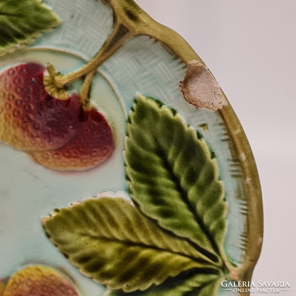 Körmöcbánya colorful cherry pattern, pale blue glazed hard ceramic small plate (2871)