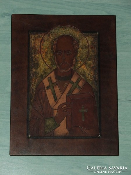 István Balla leather icon - Saint Nicholas? Juried work from the '80s