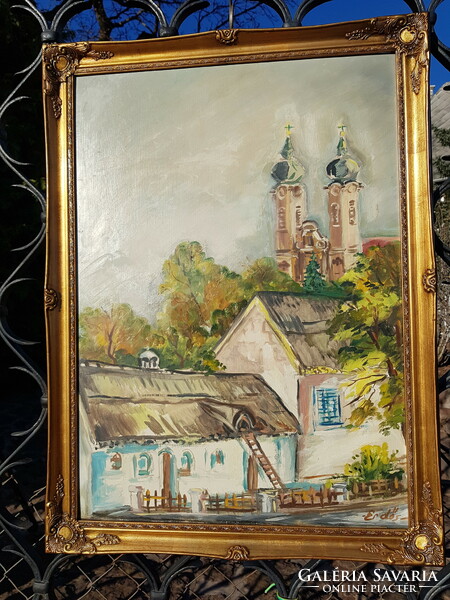 Forest László: Balaton, Tihany Abbey, oil, cardboard 50x70cm, landscape, antique cute picture frame.