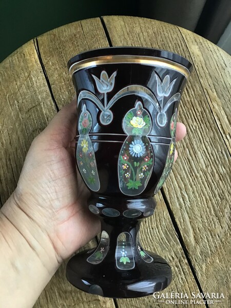 Old multi-layer polished bieder glass with hand-painted flower motifs