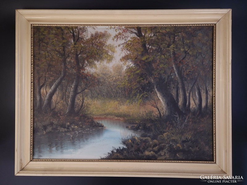 Pleasant atmosphere marked oil on canvas landscape painting stream forest