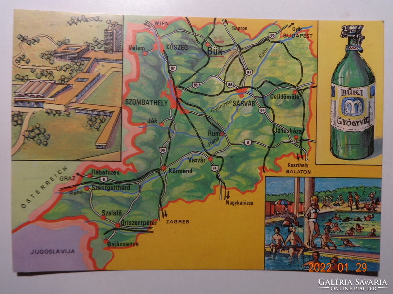 Régi postatiszta térképes képeslap: Vas megye, Büki gyógyvíz