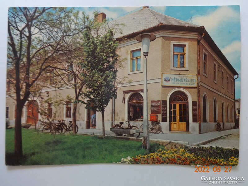 Old postcard: Mezőkövesd, Matyó folk art and cottage industry store (1974)