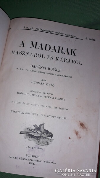 1914. Herman Ottó :A madarak hasznáról és káráról könyv képek szerint 	M. Kir. F.ügyi  Minisztérium