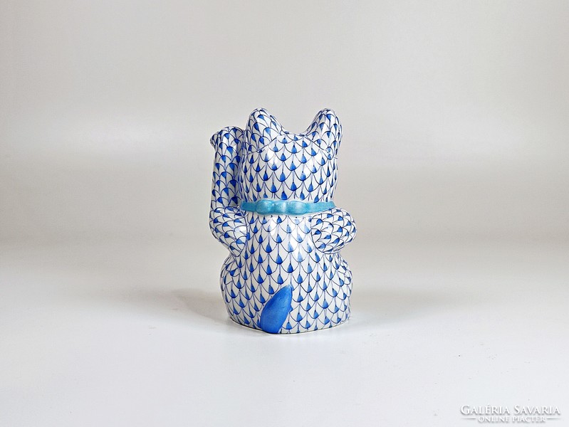 Herend blue vh pattern waving cat, hand painted porcelain figure! (D020)