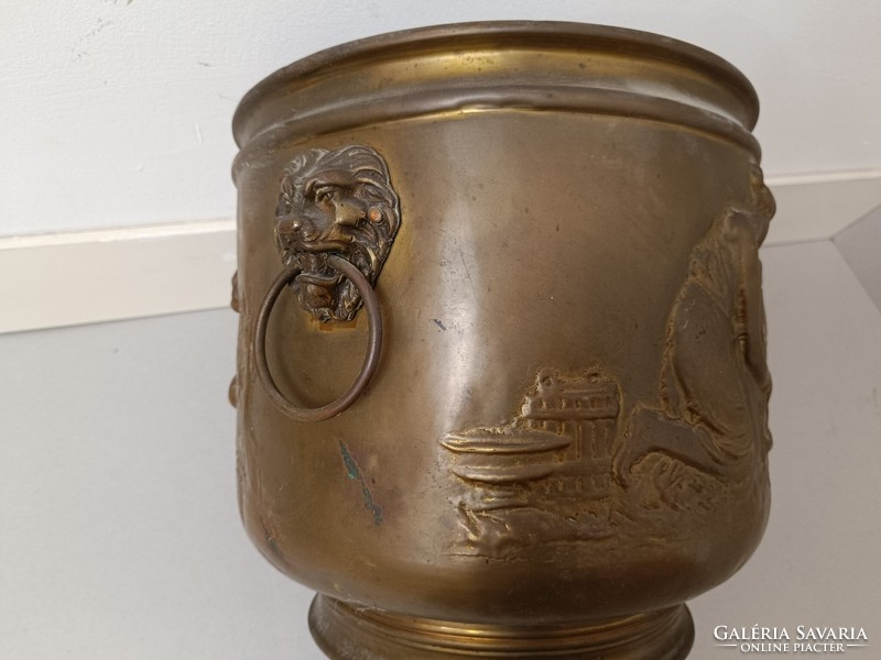 Antique caspo patina embossed brass milking girl lion head flower holder 457 8241