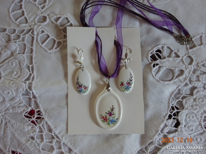 Porcelain jewelry set, hand painted, pendant, French clasp earrings, flawless, new