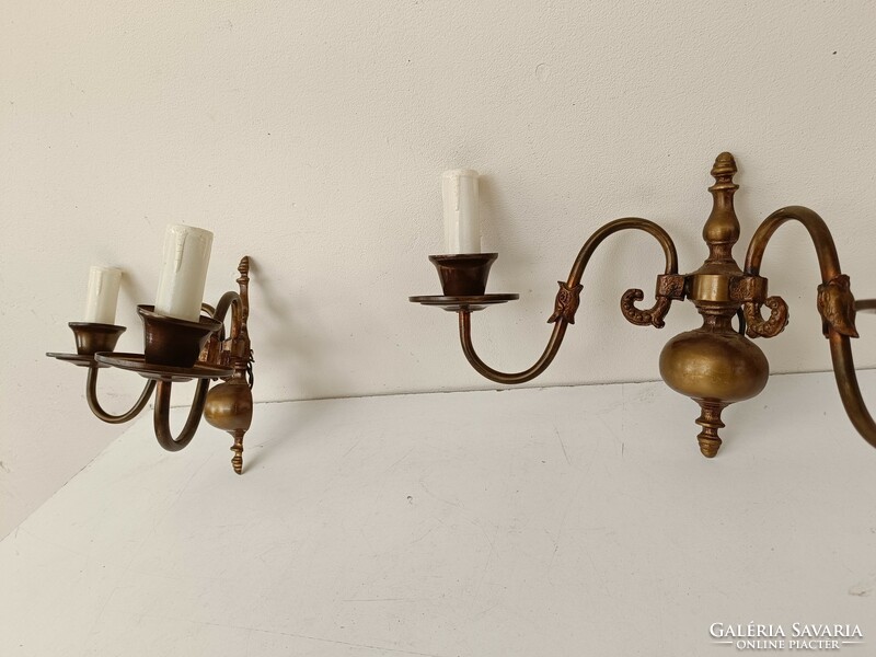 Antique patinated copper two-armed Flemish wall arm with a pair of papier-mâché candles + 4 bulbs 902 8363