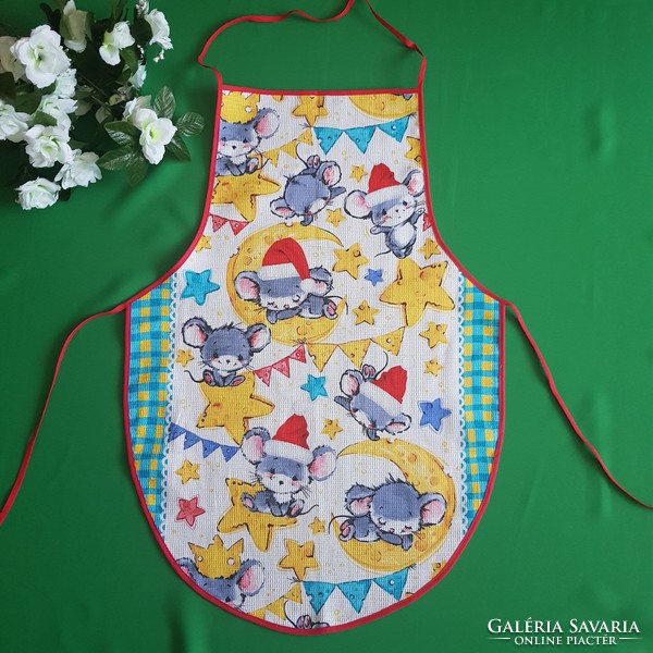 New, custom-made Christmas mouse patterned cotton kitchen apron with blue edge