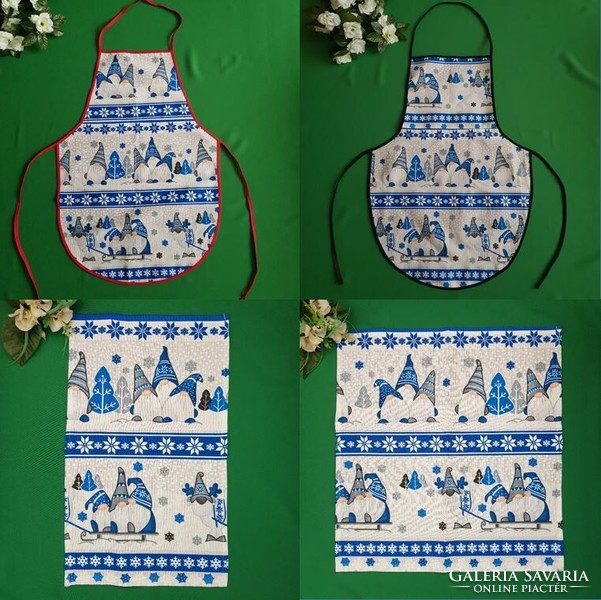 New, custom-made Christmas elf patterned cotton kitchen apron with black edge