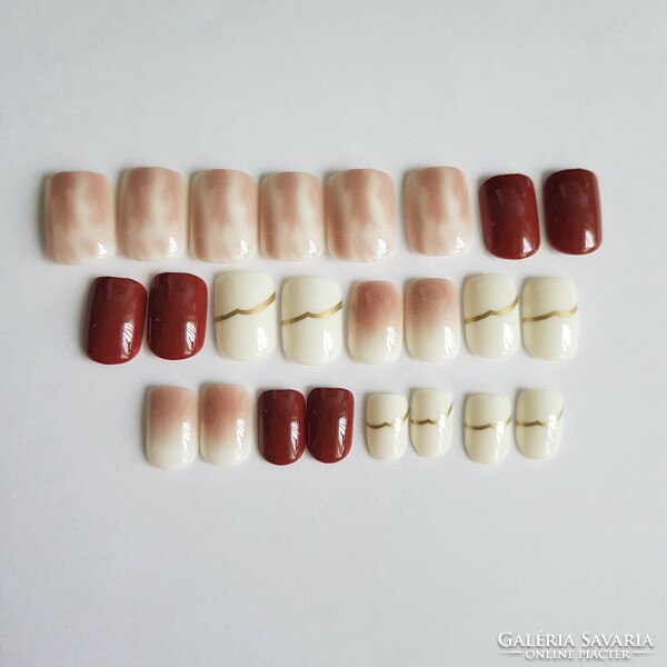24pcs square DIY artificial nails set with liquid glue - burgundy - white - marble