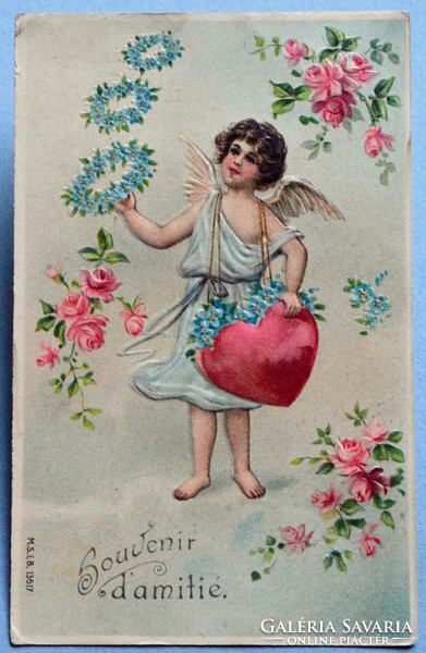 Antique embossed greeting card - angel face, heart, forget-me-not