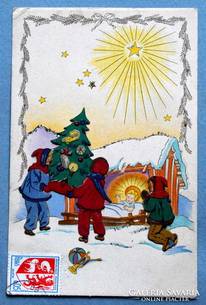 Old decoupage Christmas greeting card with glitter