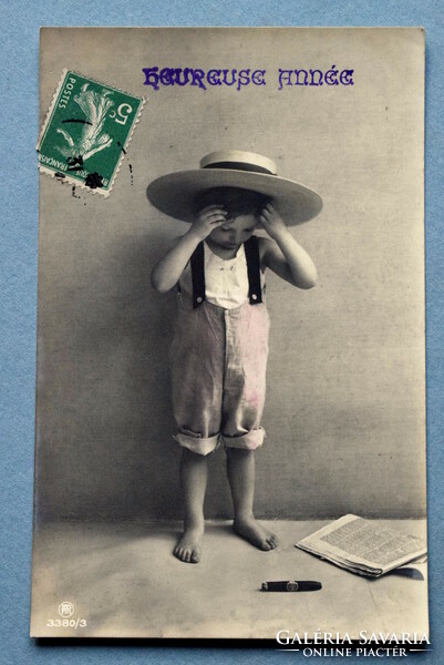 Antique New Year greeting photo postcard - little boy in a hat