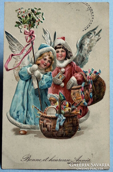 Antique embossed Christmas greeting card - angels with basket toy