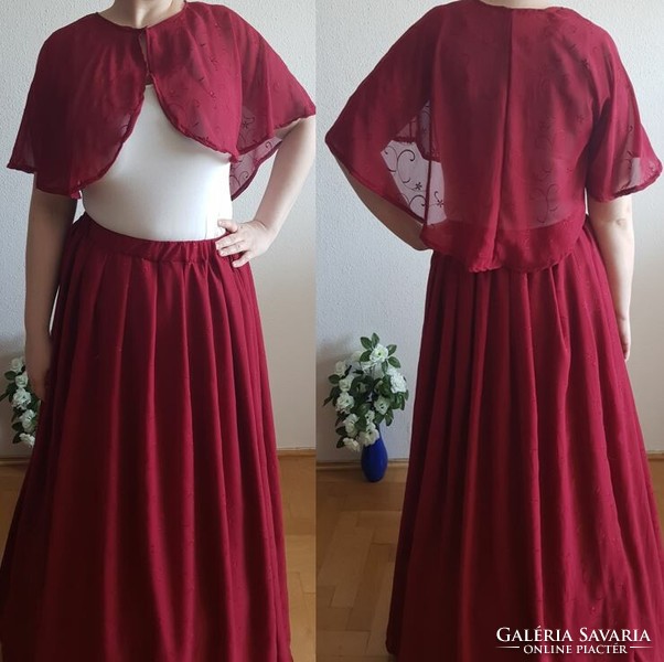 New, custom-made, burgundy, embroidered muslin cape, short robe
